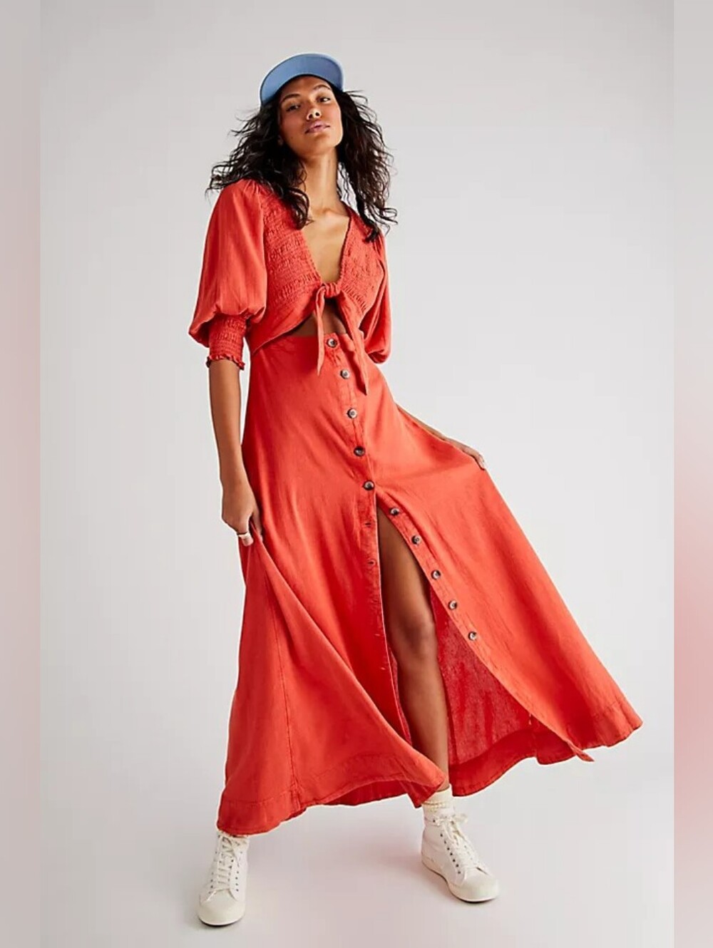 Free People String Of Hearts Maxi Dress Tie Front Orange Sz XL